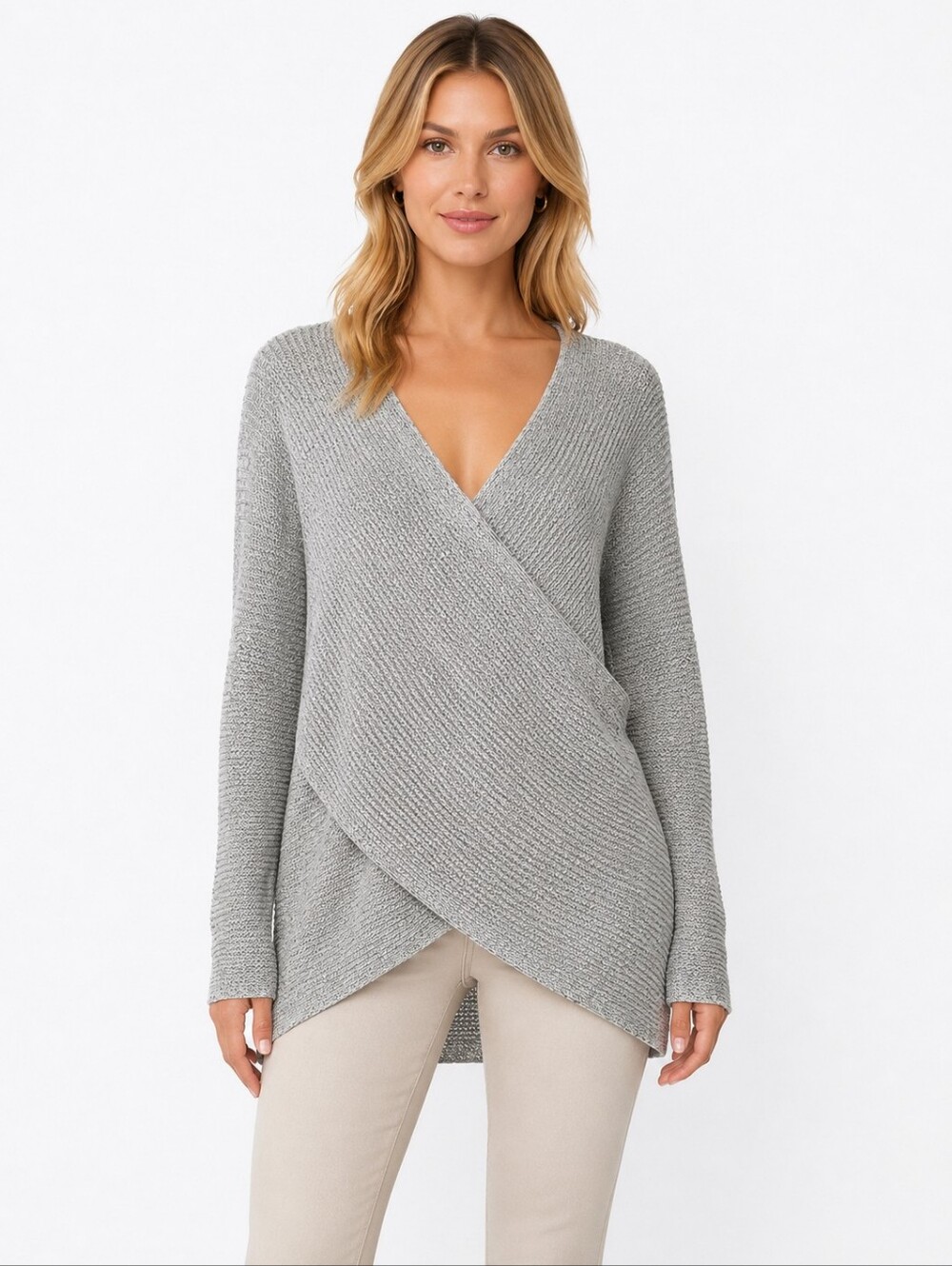 ASTR The Label Gray Marled Faux Wrap Asymmetrical Sweater M